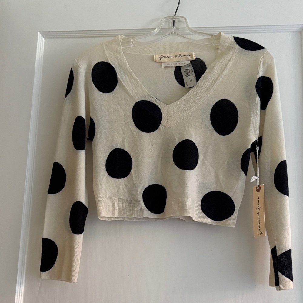 NWT Graham & Spencer Cream w/Navy Polkadot Cropped Sweater Size S